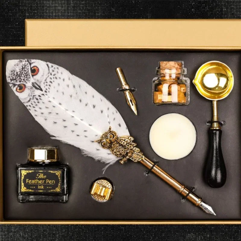 Set cadou Caligrafie cu Pana alba cu Bufnita, Cerneala si Set Sigiliu, 7 piese [3]