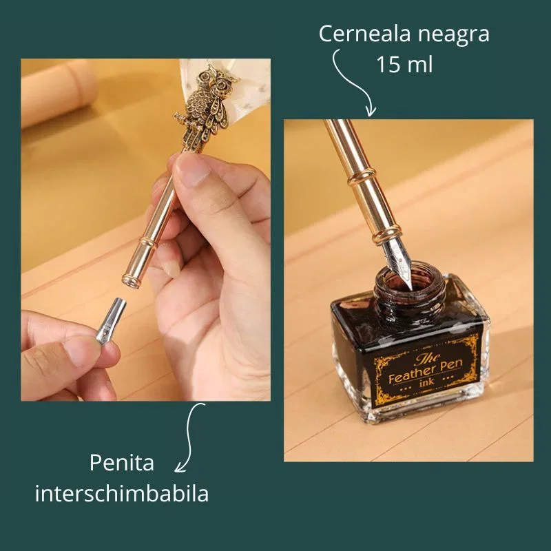 Set cadou Caligrafie cu Pana alba cu Bufnita, Cerneala si Set Sigiliu, 7 piese [7]