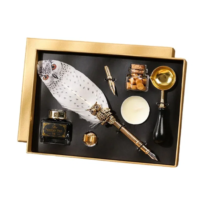 Set cadou Caligrafie cu Pana alba cu Bufnita, Cerneala si Set Sigiliu, 7 piese [5]