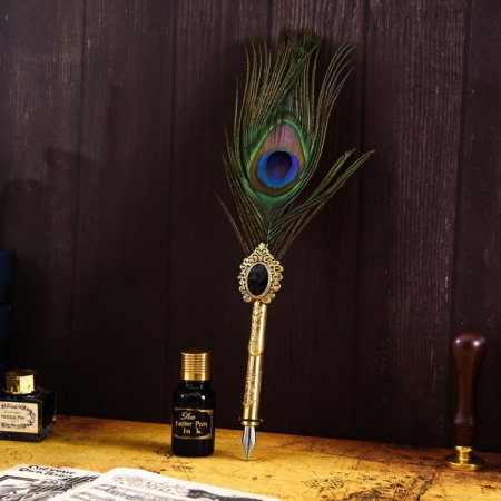 Set cadou Caligrafie cu Pana verde tip paun, Cerneala si Cutie Vintage, 3 piese [1]