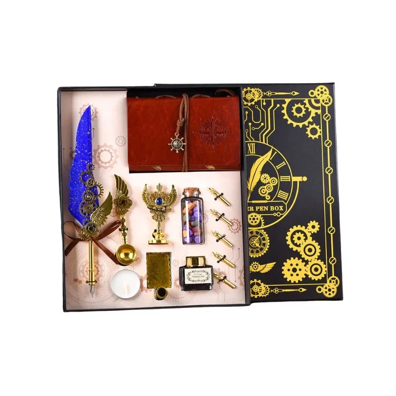Set cadou Caligrafie Vintage cu Pana albastra, Cerneala, Jurnal si Accesorii Scris, 13 piese [9]