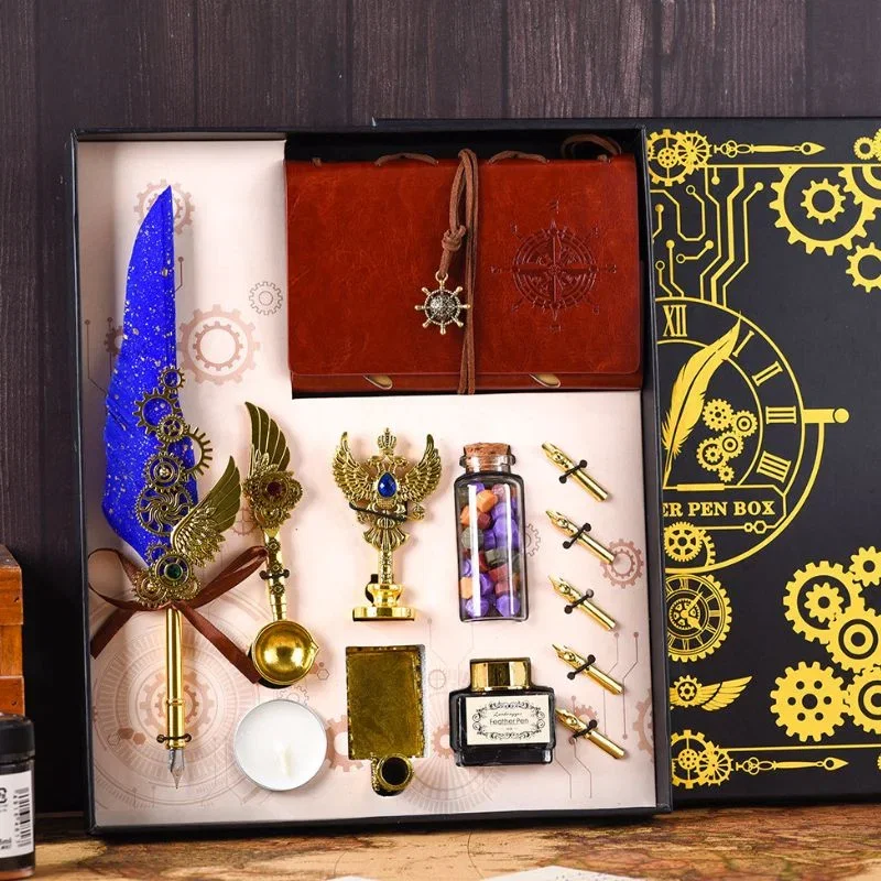 Set cadou Caligrafie Vintage cu Pana albastra, Cerneala, Jurnal si Accesorii Scris, 13 piese [3]