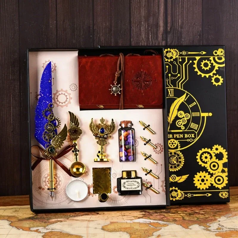 Cadouri pentru Iubit - Set cadou Caligrafie Vintage cu Pana albastra, Cerneala, Jurnal si Accesorii Scris, 13 piese