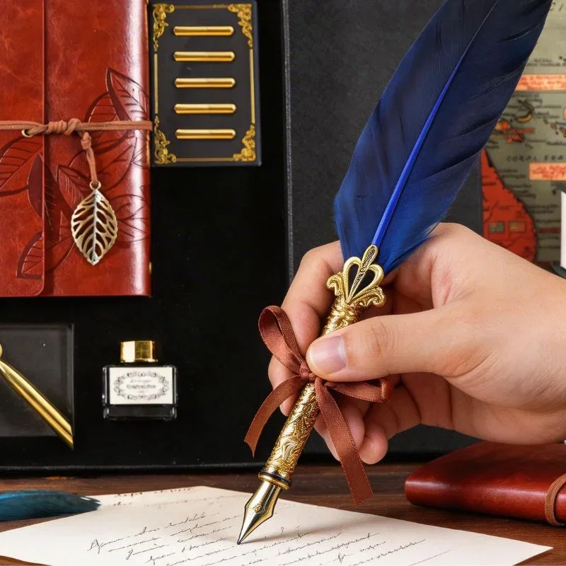 Set cadou Caligrafie Vintage cu Pana albastra , Jurnal si Suport pentru stilou, 9 piese [1]