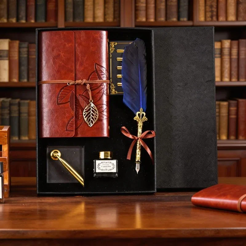 Cadouri pentru Iubita - Set cadou Caligrafie Vintage cu Pana albastra , Jurnal si Suport pentru stilou, 9 piese