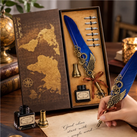 Cadouri pentru Iubita - Set cadou Caligrafie Vintage cu Pana albastra si Accesorii