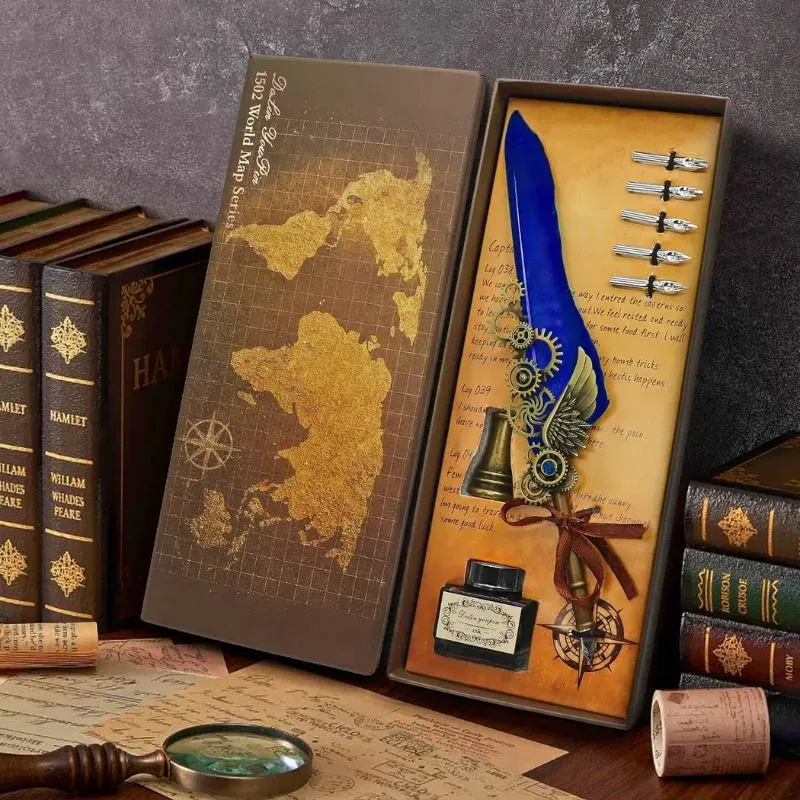 Cadouri pentru Iubita - Set cadou Caligrafie Vintage cu Pana albastra si Accesorii