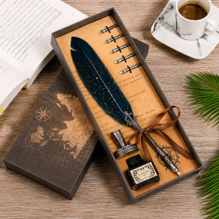 Cadouri pentru Iubita - Set cadou Caligrafie Vintage cu Pana albastra si Cerneala si Accesorii, 7 piese