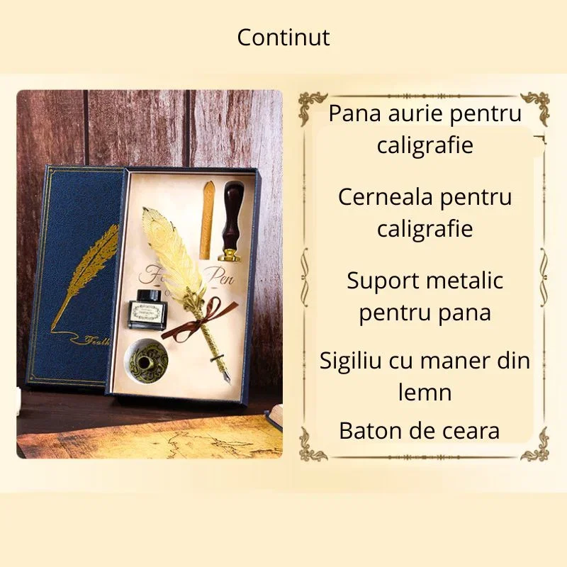 Set cadou Caligrafie Vintage cu Pana aurie, Cerneala si Stampila, 5 piese [6]