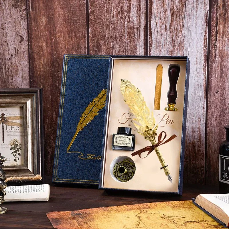 Cadouri Corporate - Set cadou Caligrafie Vintage cu Pana aurie, Cerneala si Stampila, 5 piese
