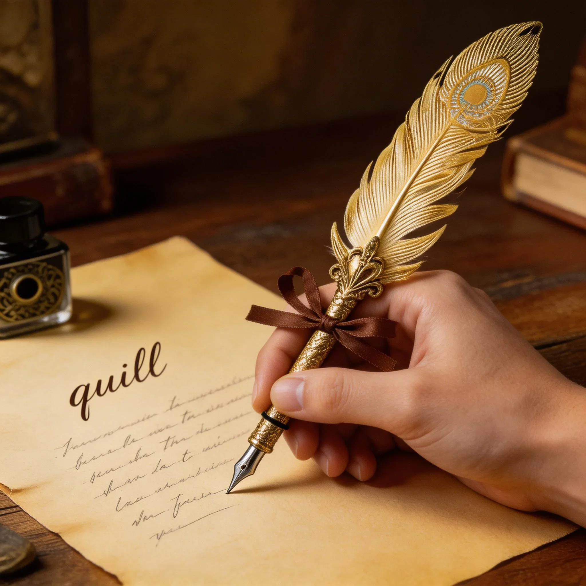 Set cadou Caligrafie Vintage cu Pana aurie, Cerneala si Stampila, 5 piese [3]