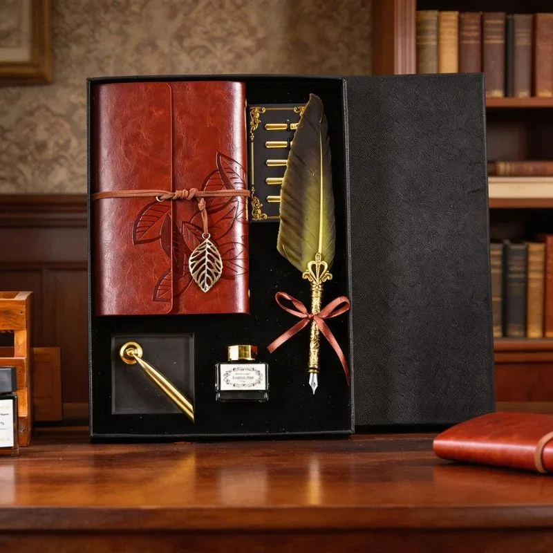 Cadouri pentru Sefi - Set cadou Caligrafie Vintage cu Pana aurie, Jurnal si Suport pentru stilou, 9 piese