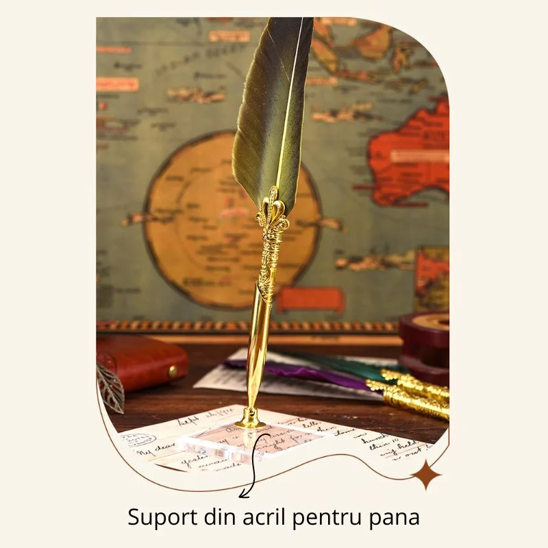 Set cadou Caligrafie Vintage cu Pana aurie, Jurnal si Suport pentru stilou, 9 piese [9]