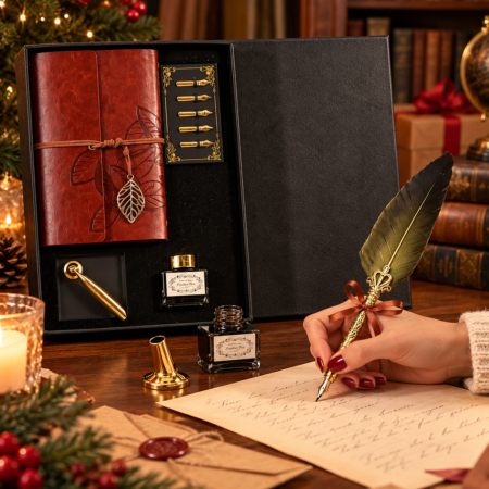 Cadouri Pentru Secret Santa - Set cadou Caligrafie Vintage cu Pana aurie, Jurnal si Suport pentru stilou, 9 piese