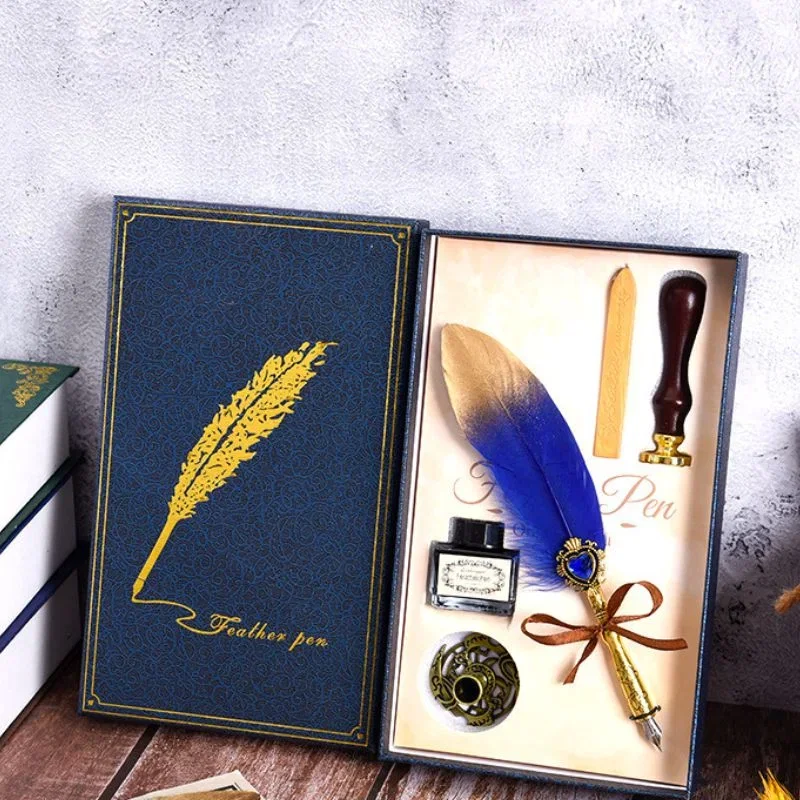 Set cadou Caligrafie Vintage cu Pana bicolora auriu albastru si Accesorii pentru Sigiliu, 5 piese [3]