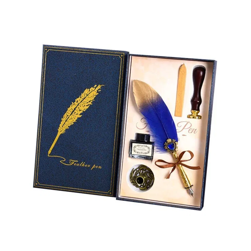 Set cadou Caligrafie Vintage cu Pana bicolora auriu albastru si Accesorii pentru Sigiliu, 5 piese [4]