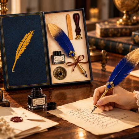Cadouri Deosebite - Set cadou Caligrafie Vintage cu Pana bicolora auriu albastru si Accesorii pentru Sigiliu, 5 piese