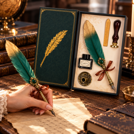 Cadouri Craciun Pentru Barbati - Set cadou Caligrafie Vintage cu Pana bicolora auriu verde si Accesorii pentru Sigiliu, 5 piese