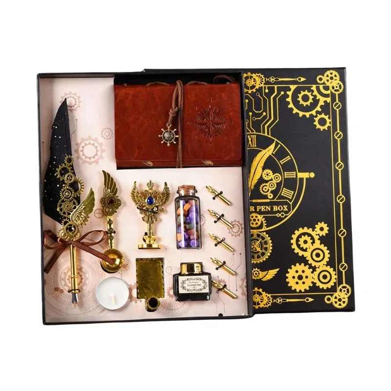 Set cadou Caligrafie Vintage cu Pana neagra, Cerneala, Jurnal si Accesorii pentru Scris, 13 piese [4]