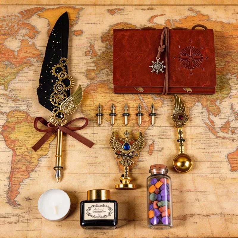 Set cadou Caligrafie Vintage cu Pana neagra, Cerneala, Jurnal si Accesorii pentru Scris, 13 piese [2]