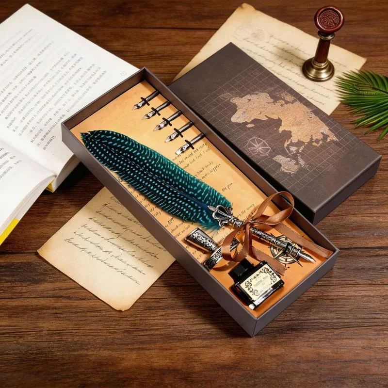 Set cadou Caligrafie Vintage cu Pana paun albastra si Cerneala si Accesorii, 7 piese [3]