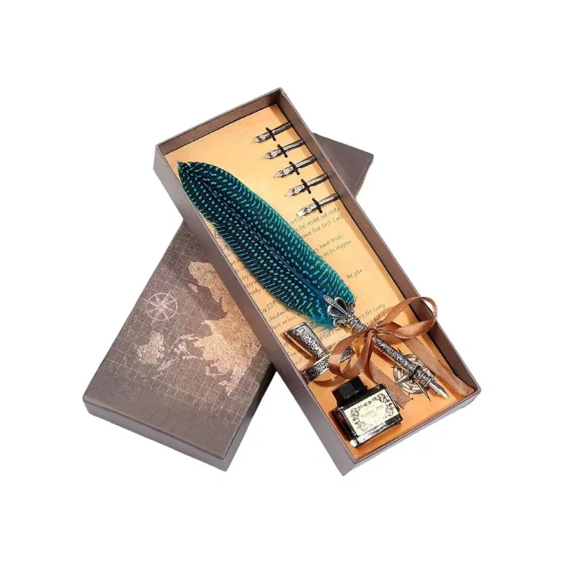 Set cadou Caligrafie Vintage cu Pana paun albastra si Cerneala si Accesorii, 7 piese [5]