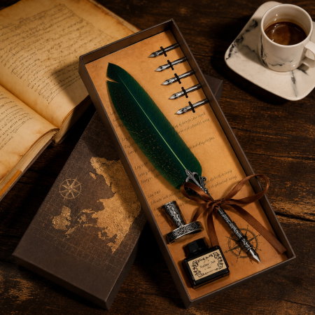 Set cadou Caligrafie Vintage cu Pana verde si Cerneala si Accesorii, 7 piese [2]