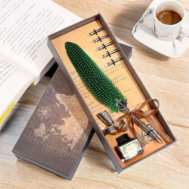 Set cadou Caligrafie Vintage cu Pana paun verde si Cerneala si Accesorii, 7 piese [2]