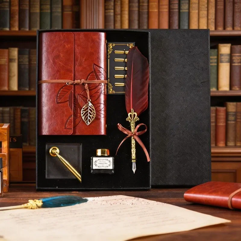 Cadouri pentru Iubit - Set cadou Caligrafie Vintage cu Pana rosie, Jurnal si Suport pentru stilou, 9 piese