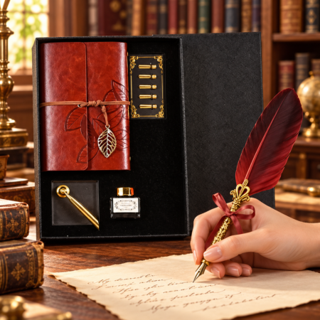 Cadouri pentru Femei - Set cadou Caligrafie Vintage cu Pana rosie, Jurnal si Suport pentru stilou, 9 piese