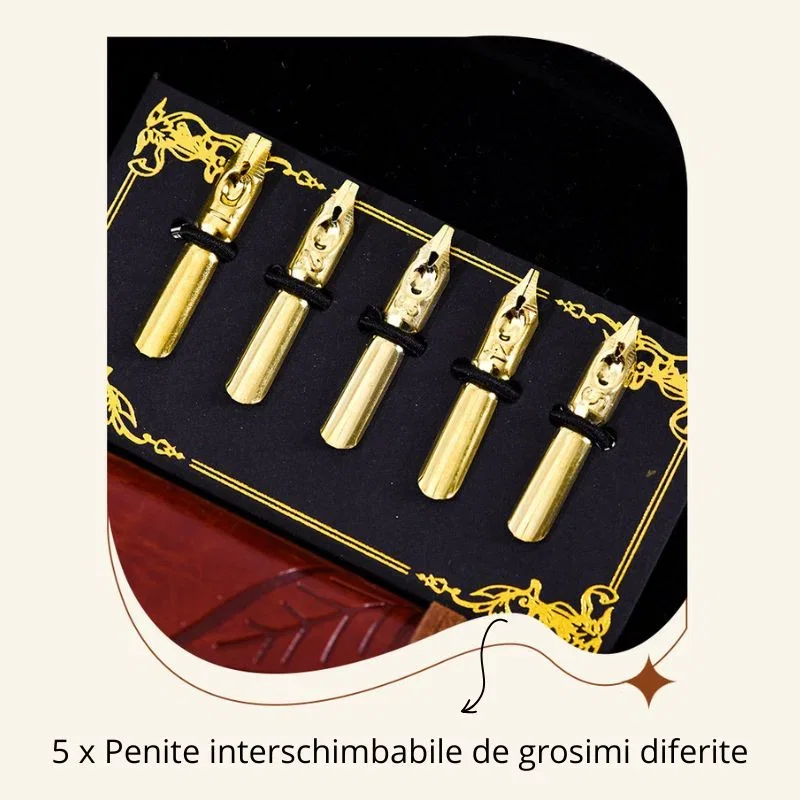 Set cadou Caligrafie Vintage cu Pana rosie, Jurnal si Suport pentru stilou, 9 piese [8]