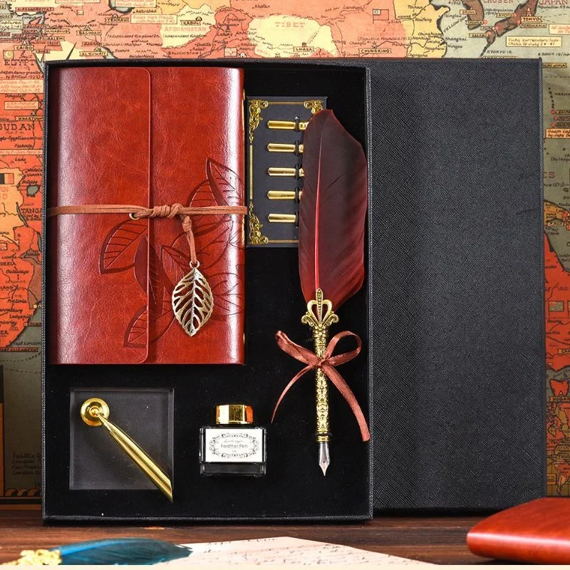 Set cadou Caligrafie Vintage cu Pana rosie, Jurnal si Suport pentru stilou, 9 piese [4]