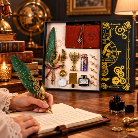 Cadouri Craciun Pentru Femei - Set cadou Caligrafie Vintage cu Pana verde, Jurnal si Stampila pentru Ceara, Set complet 13 piese