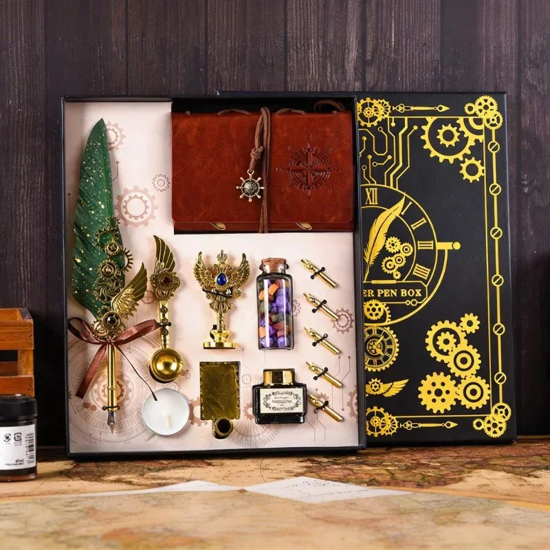 Cadouri pentru Iubita - Set cadou Caligrafie Vintage cu Pana verde, Jurnal si Stampila pentru Ceara, Set complet 13 piese