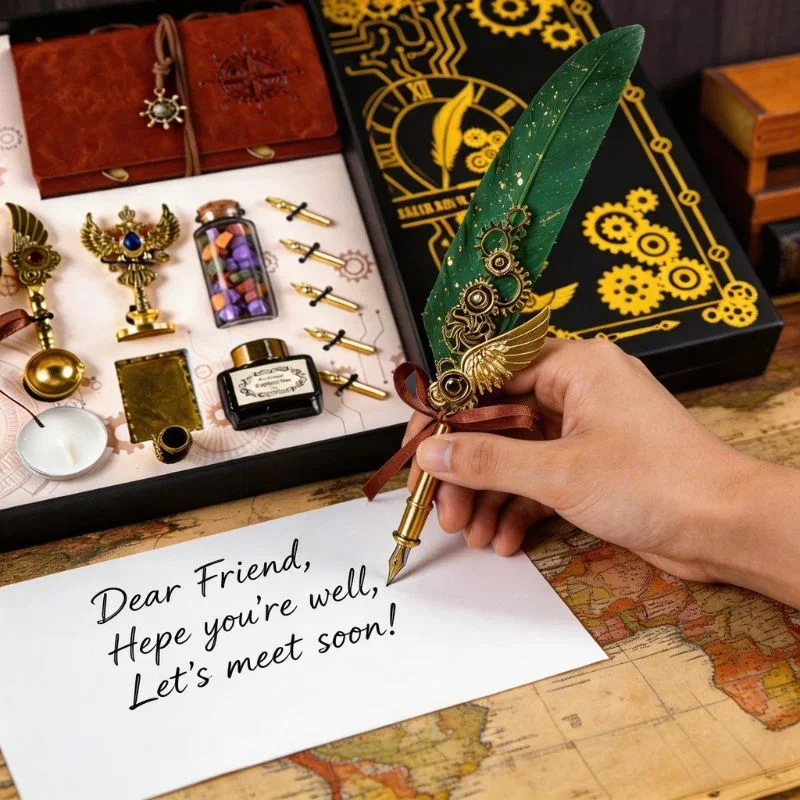 Set cadou Caligrafie Vintage cu Pana verde, Jurnal si Stampila pentru Ceara, Set complet 13 piese [3]