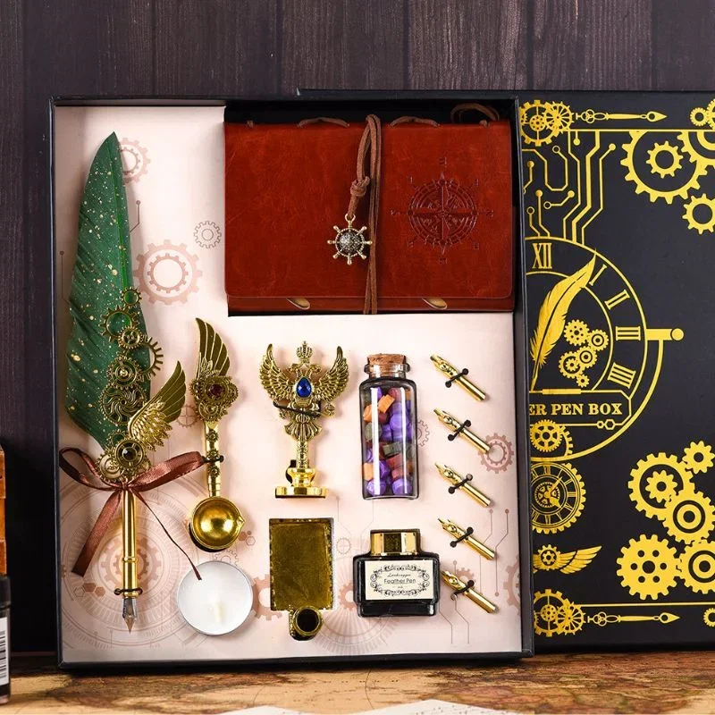 Set cadou Caligrafie Vintage cu Pana verde, Jurnal si Stampila pentru Ceara, Set complet 13 piese [4]