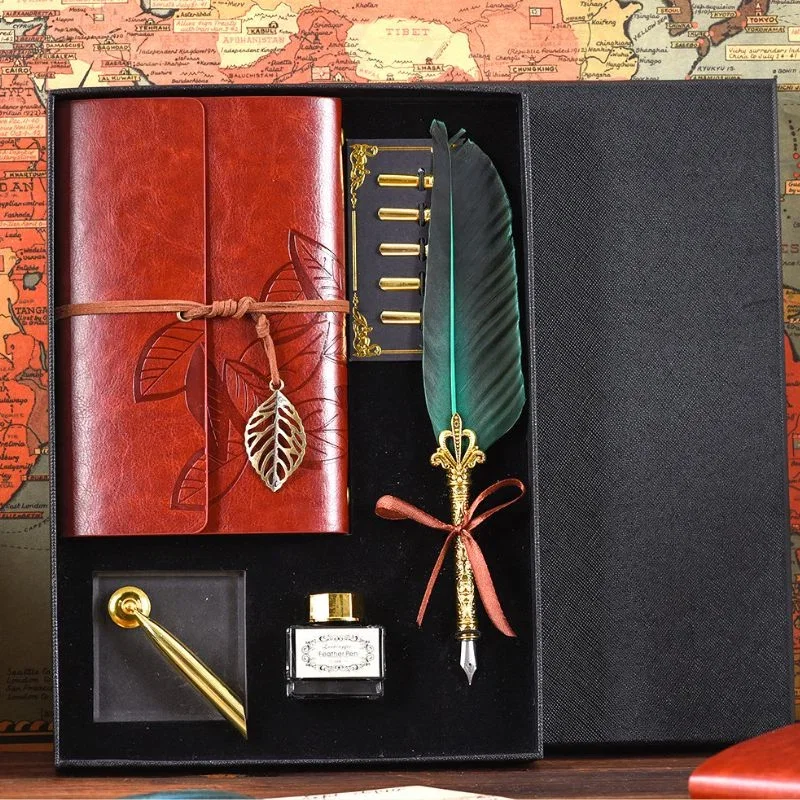 Set cadou Caligrafie Vintage cu Pana verde, Jurnal si Suport pentru stilou, 9 piese [5]