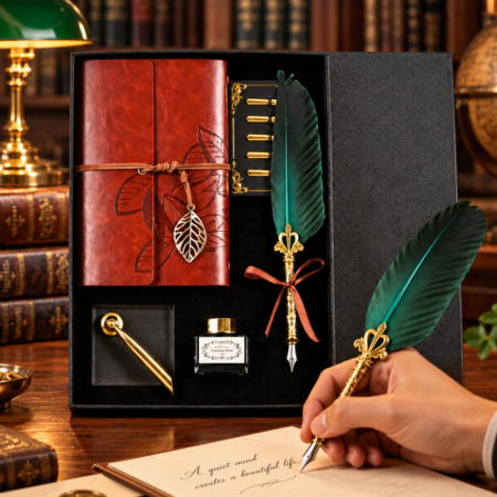 Accesorii birou - Set cadou Caligrafie Vintage cu Pana verde, Jurnal si Suport pentru stilou, 9 piese