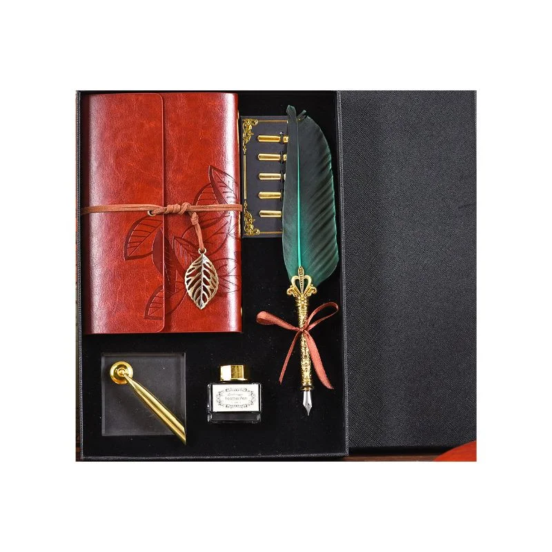 Set cadou Caligrafie Vintage cu Pana verde, Jurnal si Suport pentru stilou, 9 piese [6]