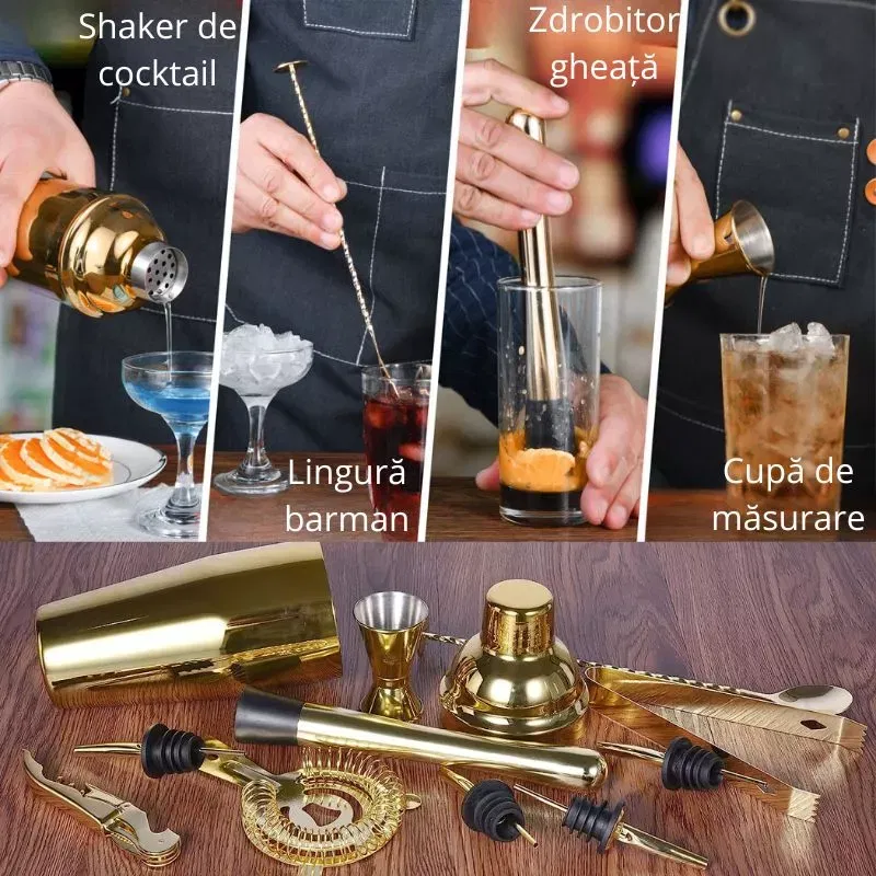 Set cadou Cocktail Shaker Mixology cu 11 accesorii 750ml Gold [22]