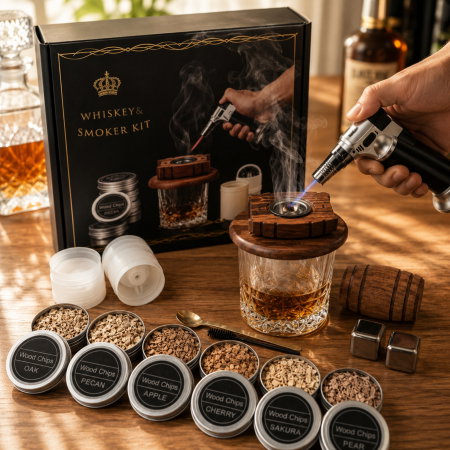 Cadouri Barbati - Set Cadou pentru Afumare Whisky cu 2 Pahare si 8 Arome