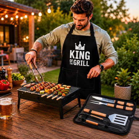 Cadouri pentru Sot - Set Cadou pentru Barbati King of the Grill cu Gratar Portabil Sort si Accesorii BBQ