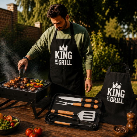 Cadouri de Casa Noua - Set Cadou pentru Barbati King of the Grill cu Gratar Portabil, Sort si Accesorii BBQ