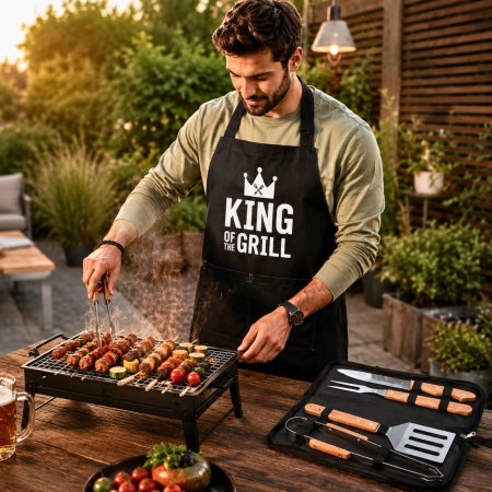 Set Cadou pentru Barbati King of the Grill cu Gratar Portabil Sort si Accesorii BBQ [1]