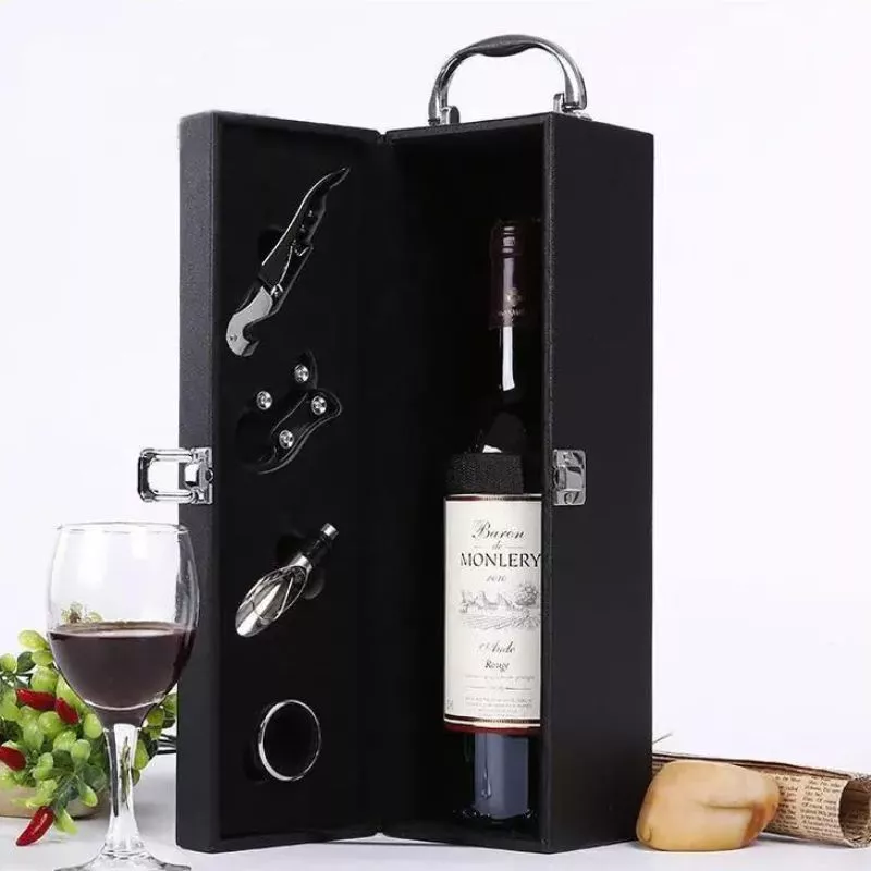 Cutie de vin Vinic pentru 1 sticla cu accesorii de vin incluse piele ecologica neagra eleganta [3]