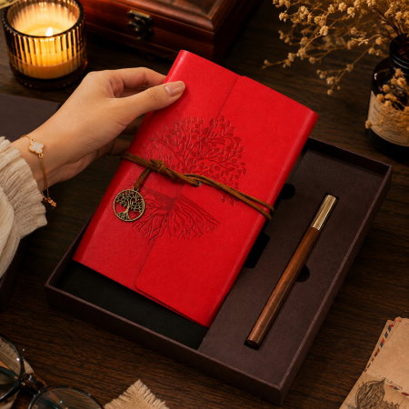 Set Cadou Vintage cu Jurnal si Pix, Copacul Vietii Rosu [4]