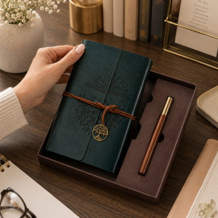 Set Cadou Vintage cu Jurnal si Pix, Copacul Vietii Verde [2]