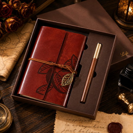 Set Cadou Vintage cu Jurnal si Pix, Maro Rustic [5]