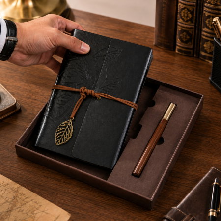 Set Cadou Vintage cu Jurnal si Pix, Negru Clasic [4]
