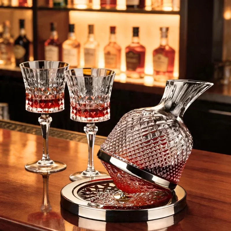 Cadouri pentru Tati - Set Decantor de bauturi Rotativ cu 2 pahare argintiu